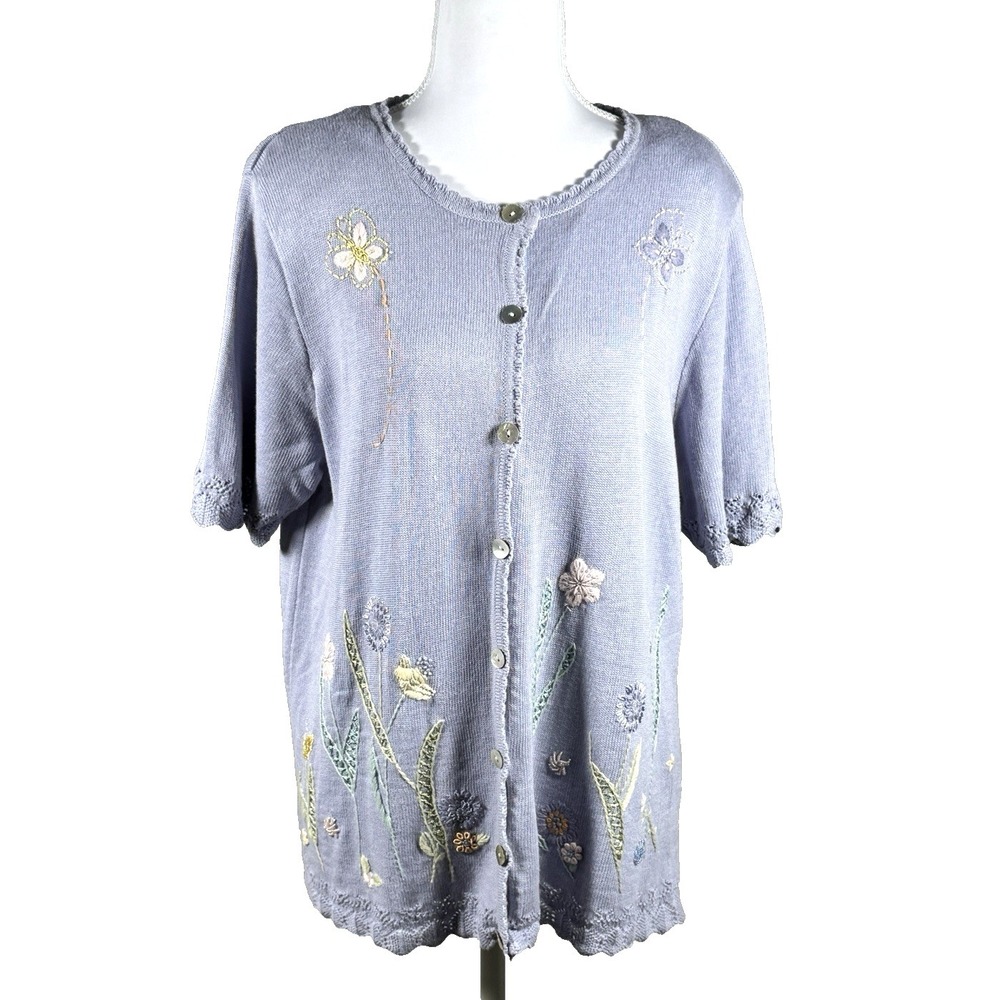 Alfred Dunner Floral Embroidered Beaded SS‎ Cardigan Purple Womens L Read